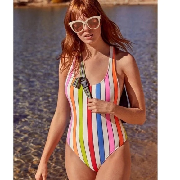Aerie Neon Rainbow Vertical Striped Racerback One Piece Swimsuit Women's Small - Picture 1 of 7